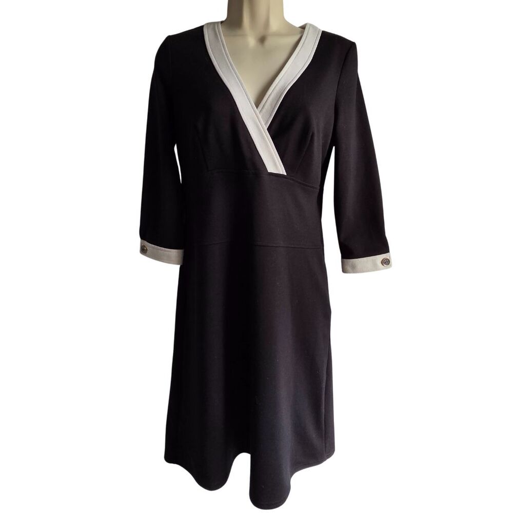 Boston Proper Black White A-Line Dress Size 8 Career Office V-Neck 3/4 Sleeve